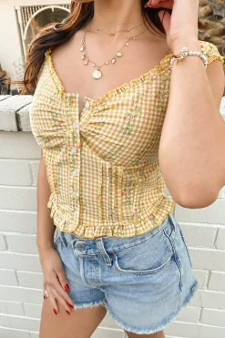 Gingham Floral Cap Sleeve Top