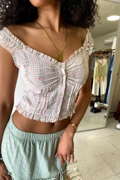 Gingham Floral Cap Sleeve Top