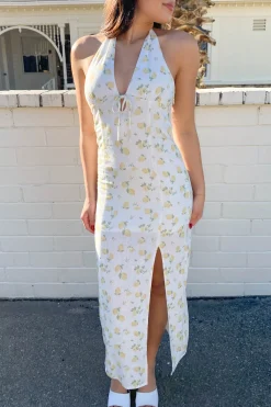 Lemon Print Halter Midi Dress