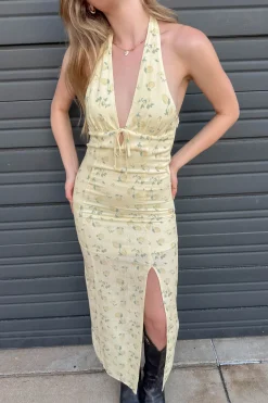 Lemon Print Halter Midi Dress