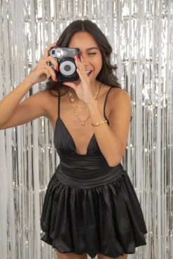 Pleated Bubble Satin Mini Dress