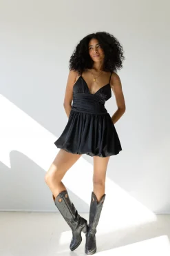 Pleated Bubble Satin Mini Dress