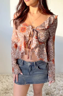 Sheer Ruffled Front Tie Top