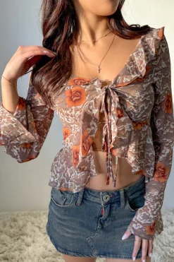 Sheer Ruffled Front Tie Top