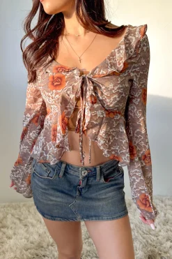 Sheer Ruffled Front Tie Top